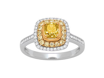 Anello Solitario, Diamanti Gialli Princess 0,71 Carati E Tondi 0,22 Carati, Diamanti 0,16 Carati, Oro Bianco 18 Ct, Dito 54