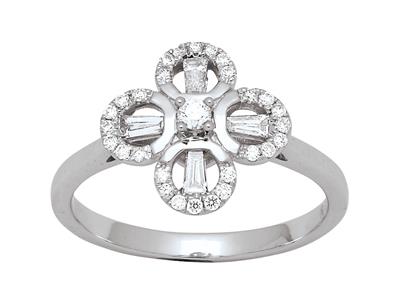 Anello A Forma Di Fiore, Diamanti Tondi E Baguette 0,36 Carati, Oro Bianco 18 Ct, Dito 52 - Immagine Standard - 1