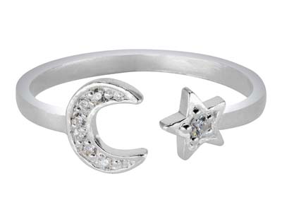 St Sil Cz Moon  Star Design Adjustable Ring