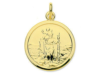Medaglia Di San Cristoforo Rotonda Media Con Marchio Di Autenticità, Oro Giallo Da 9 Ct