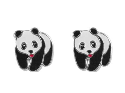 Orecchini A Perno A Forma Di Panda In Smalto E Argento 925. - Immagine Standard - 1
